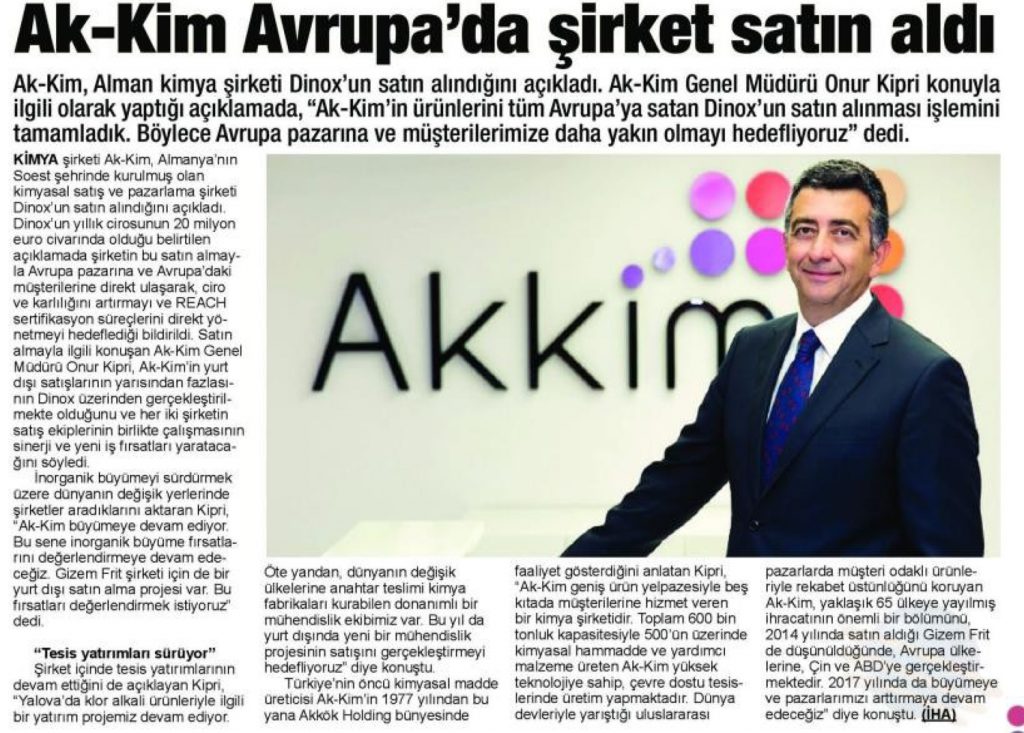 Akkim, Avrupa’da şirket satın aldı / Ankara Ticari Hayat – 01 Mart 2017