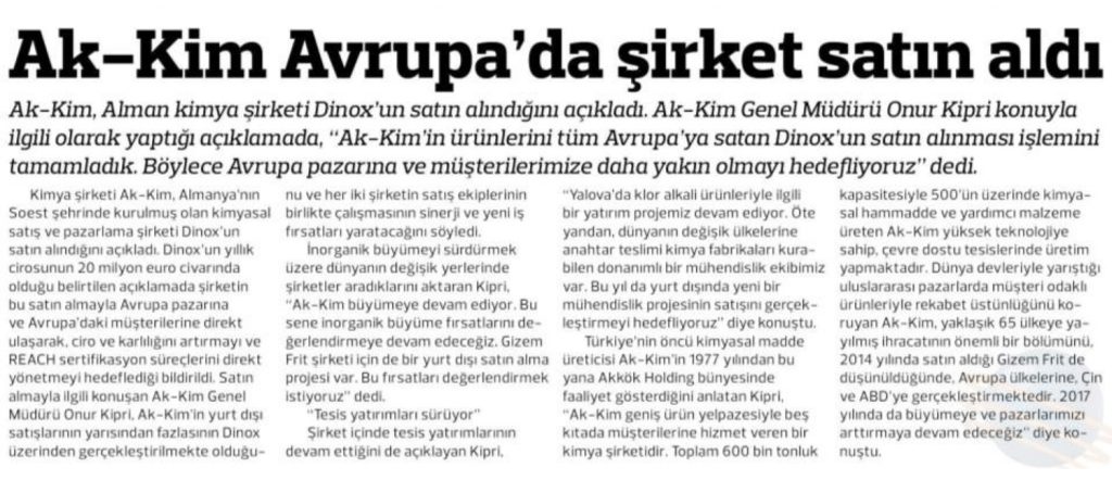 Akkim, Avrupa’da şirket satın aldı / Gaziantep Artı Haber – 01 Mart 2017