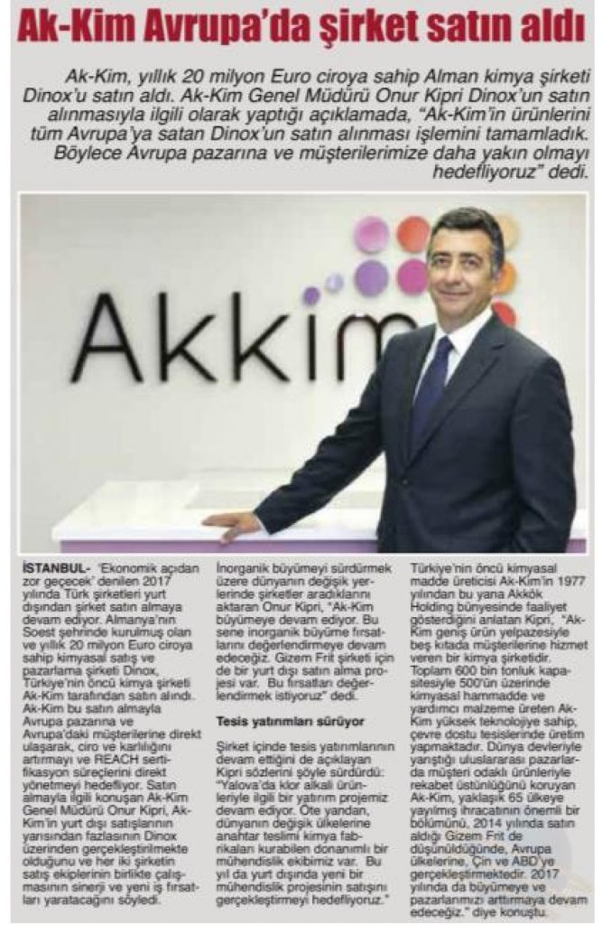 Akkim Avrupa’da şirket satın aldı / Yalova Manşet 01 Mart 2017