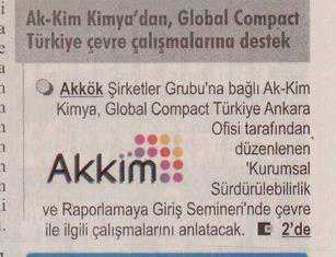 Akkim Kimya’dan Global Compact Türkiye Çevre Çalışmalarına Destek / Yalova Haberci / 01 Nisan 2014