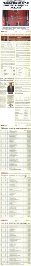 İstanbul Sanayi Odası “Türkiye’nin 500 Büyük Sanayi Kuruluşu”nu Açıkladı / Subcon Turkey / Ağustos 2013