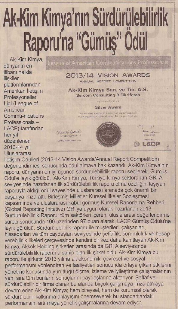 Akkim Kimya’nın Sürdürülebilirlik Raporu’na “Gümüş” Ödül / Yalova Gazetesi / 1 Nisan 2015