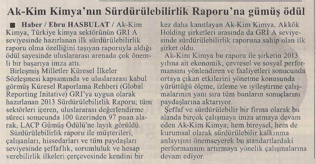 Akkim Kimya’nın Sürdürülebilirlik Raporu’na Gümüş Ödül / Yalova Haberci Gazetesi / 1 Nisan 2015