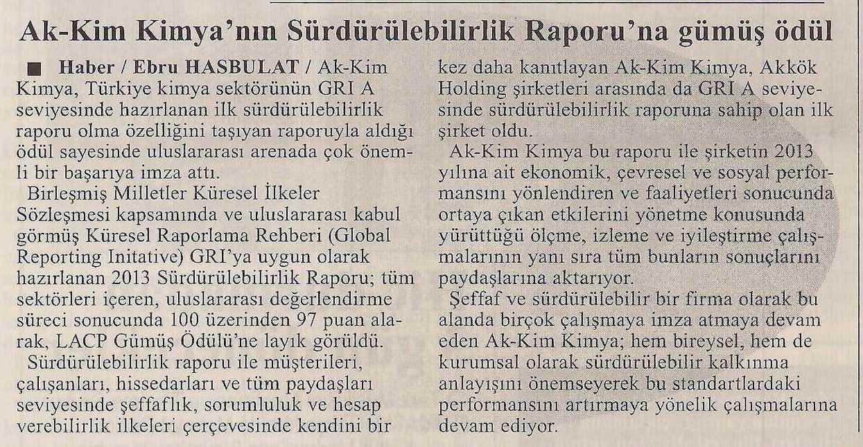 Akkim Kimya’nın Sürdürülebilirlik Raporu’na Gümüş Ödül / Yalova Haberci Gazetesi / 1 Nisan 2015