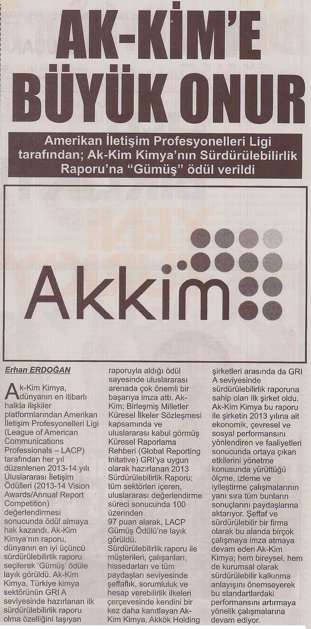 Akkim’e Büyük Onur / Yalova Hayat Gazetesi / 1 Nisan 2015