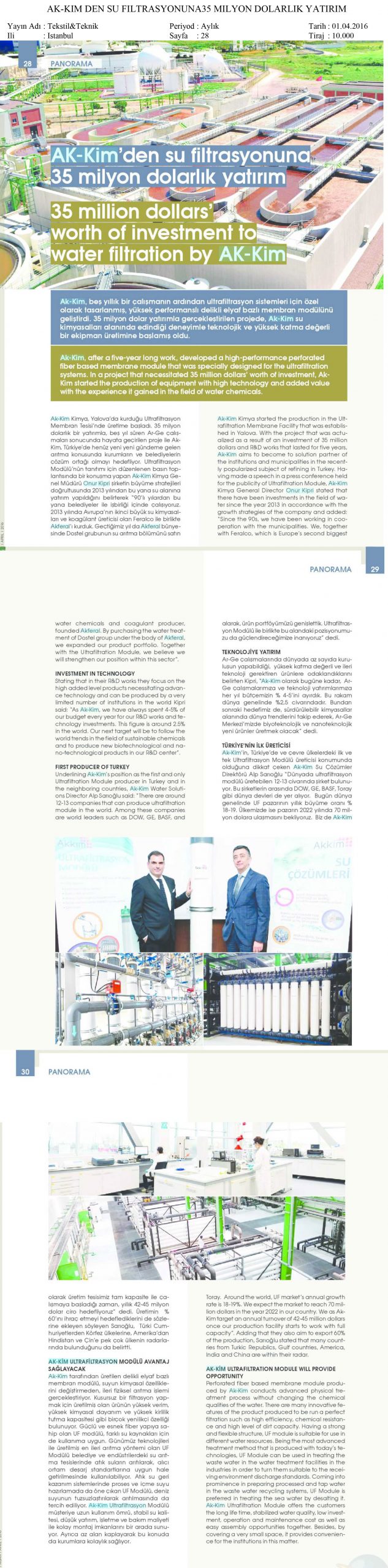 35 million dollars worth of investment to water filtration by Akkim / Tekstil Teknik Dergisi – April 1 2016
