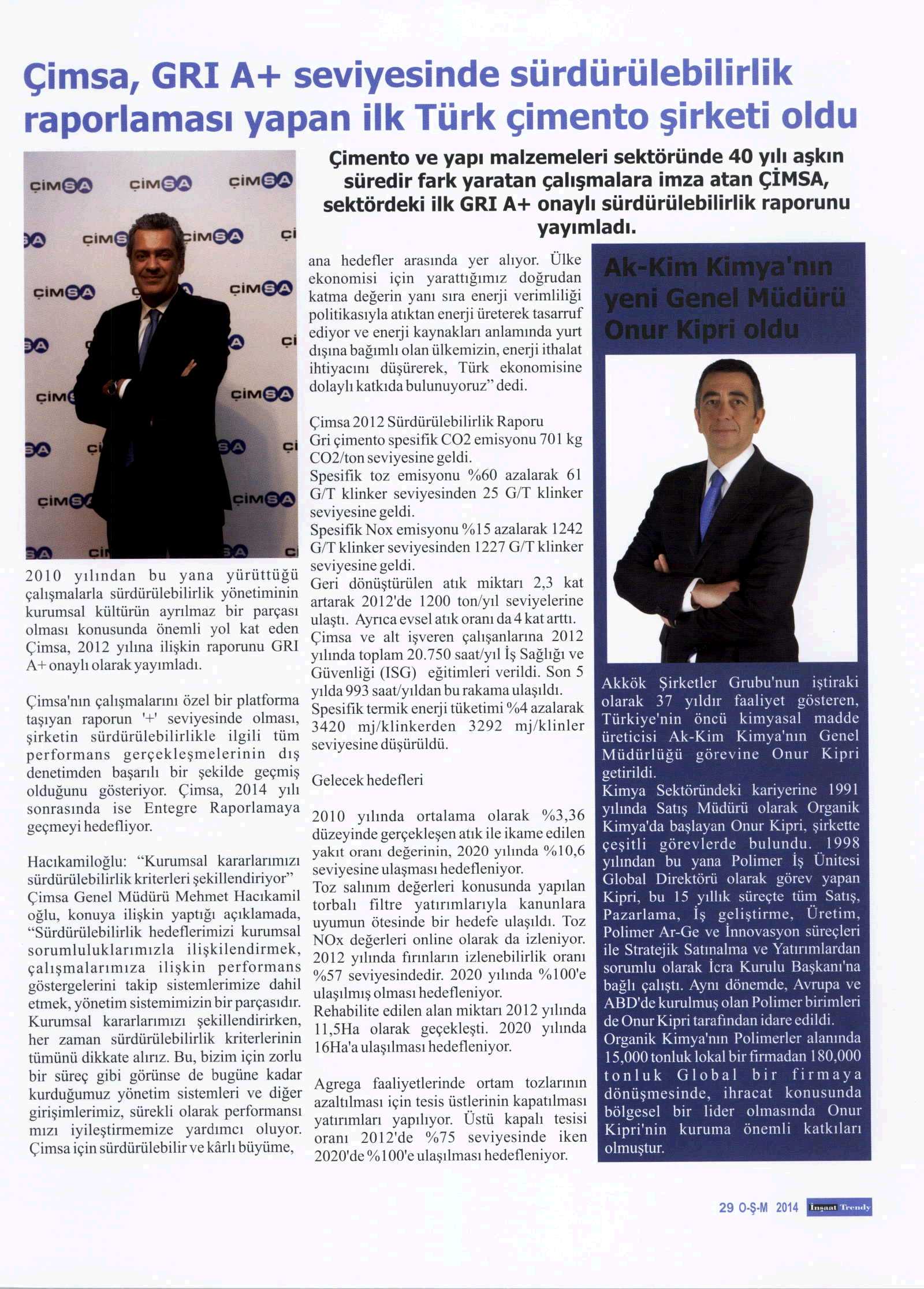 Akkim Kimya’nın Yeni Genel Müdürü Onur Kipri / İnşaat Trendy / 1 Ocak 2014