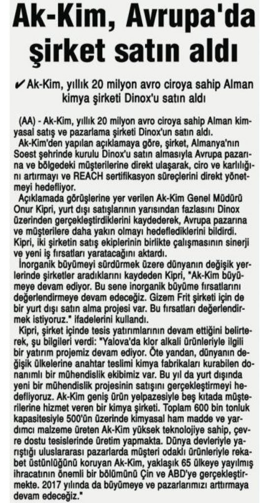Akkim, Avrupa’da şirket satın aldı / İstanbul Son Saat – 02 Mart 2017