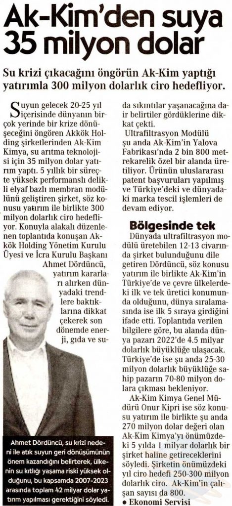 Akkim’den suya 35 milyon dolar / Cumhuriyet – 4 Mart 2016