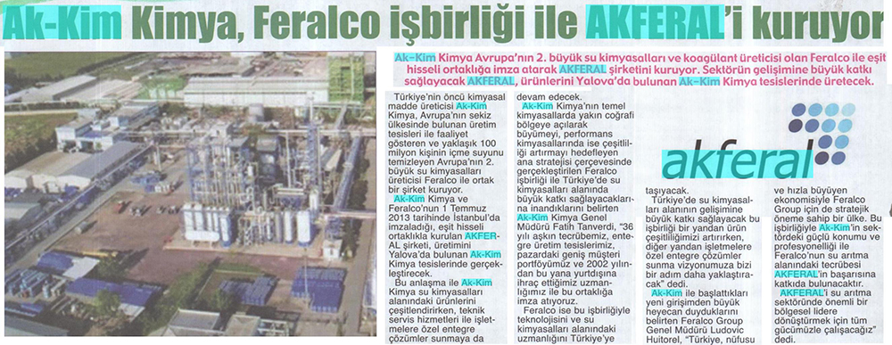 Akkim Kimya, Feralco İşbirliği İle Akferal’i Kuruyor / Yalova Manşet / Ağustos 2013