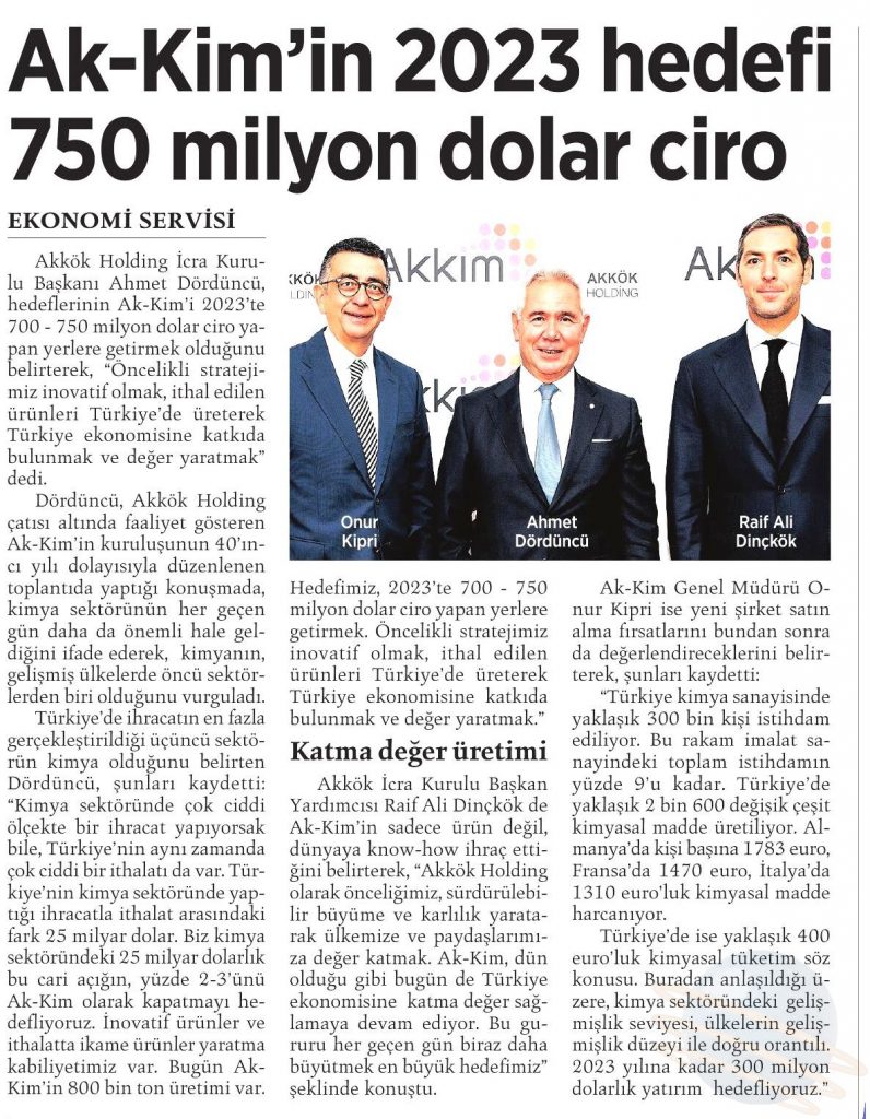 Akkim’in 2023 Hedefi 750 Milyon Dolar Ciro / Milliyet – 6 Ekim 2017