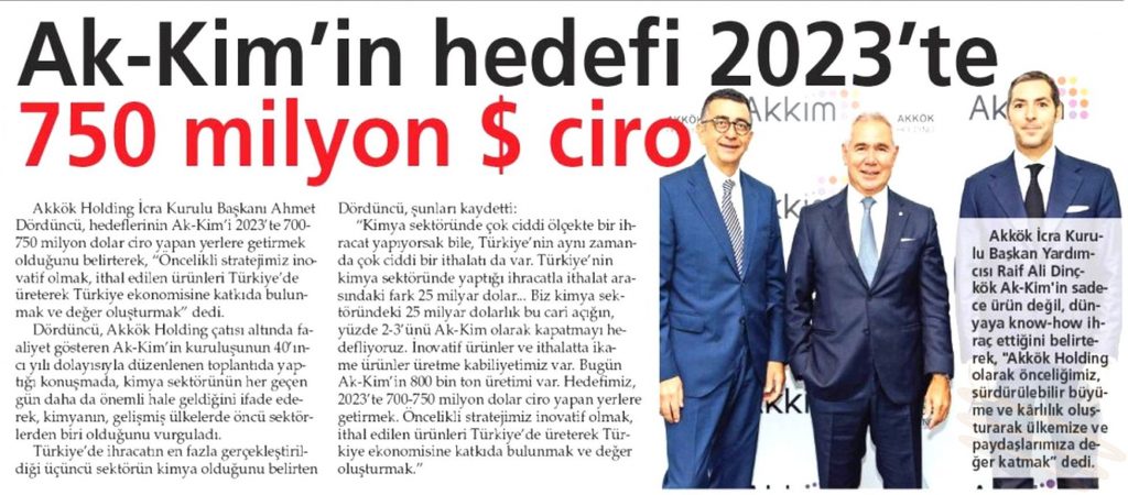 Akkim’in Hedefi 2023’te 750 Milyon Dolar Ciro / Yeni Akit – 6 Ekim 2017
