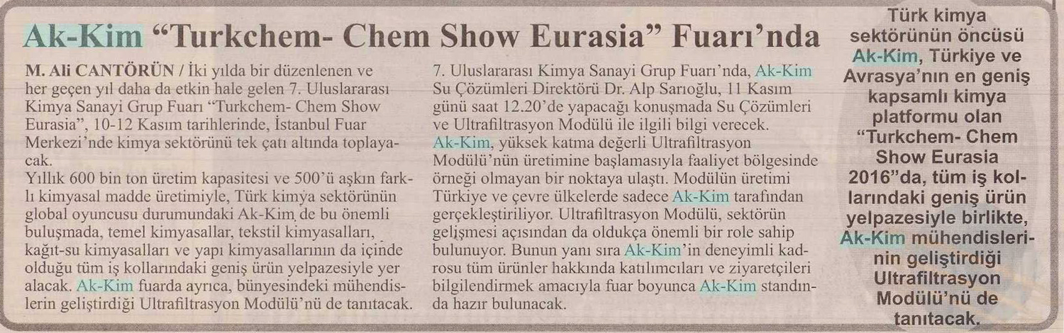 Akkim “Turkchem-Chem Show Eurasia” Fuarı’nda / Yalova Haberci – 8 Kasım 2016