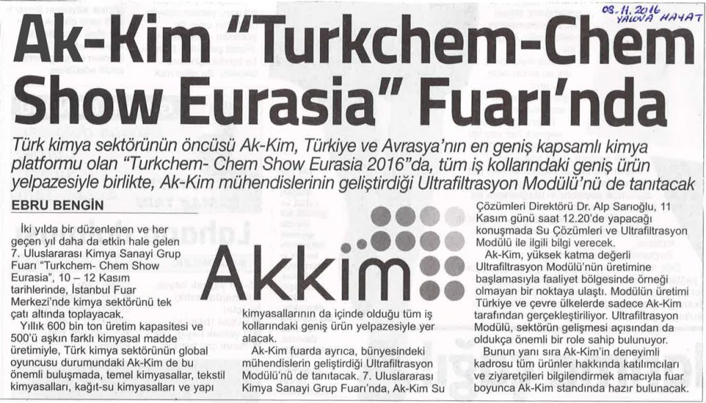 Akkim “Turkchem-Chem Show Eurasia” Fuarı’nda / Yalova Hayat – 8 Kasım 2016