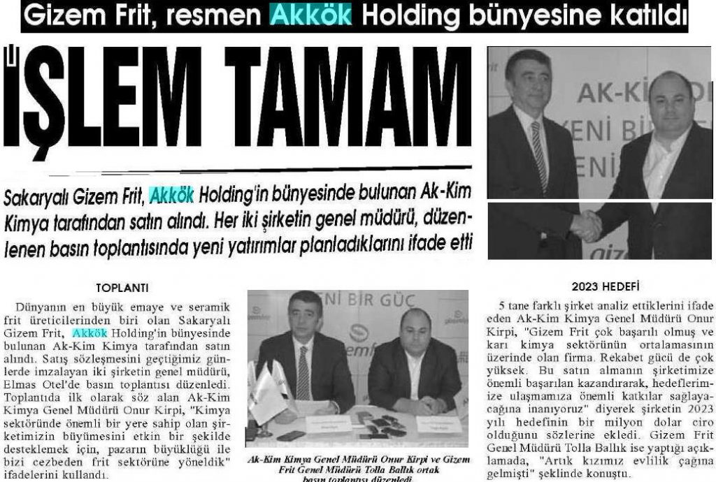 Akkim, Akcoat’ı Satın Aldı / Sakarya Yenihaber / 16 Ocak 2015