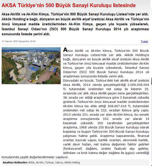 Aksa Türkiye’nin 500 Büyük Sanayi Kuruluşu Listesinde / Yalova Gazetesi / 17 Haziran 2015