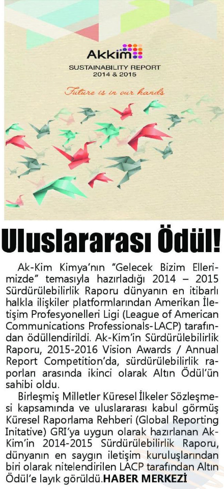 Uluslararası Ödül! / Konya Anadolu Manşet – 23 Mart 2017