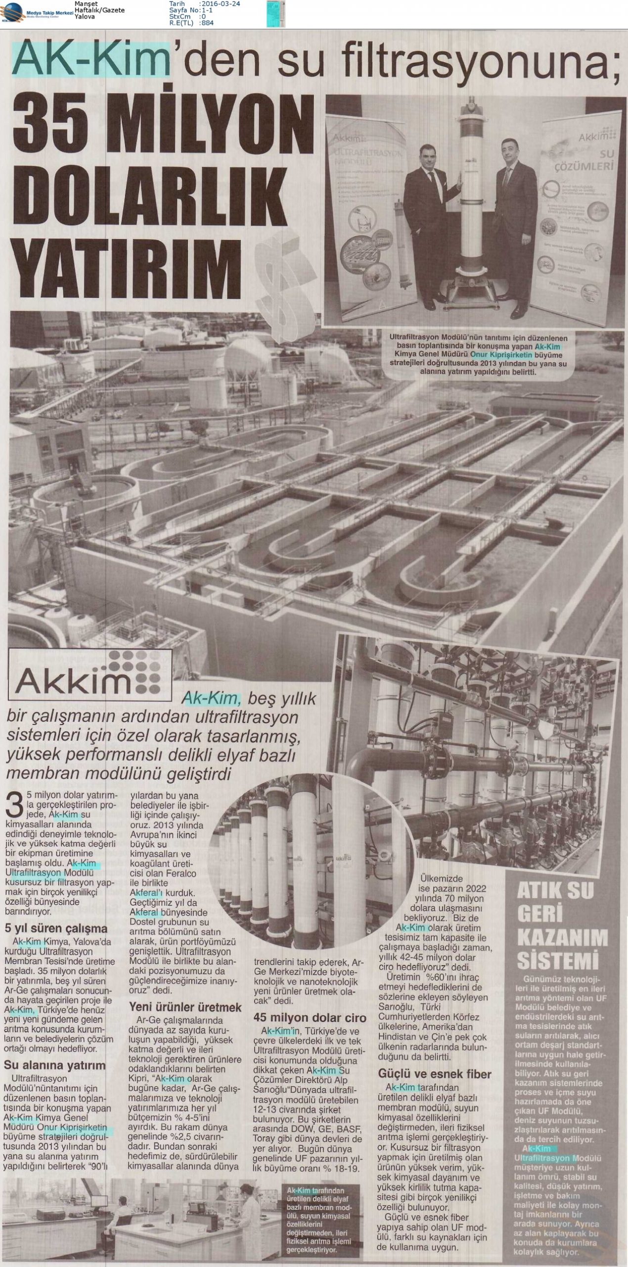 Akkim’den su filtrasyonuna 35 milyon dolarlık yatırım / Manşet – 24 Mart 2016