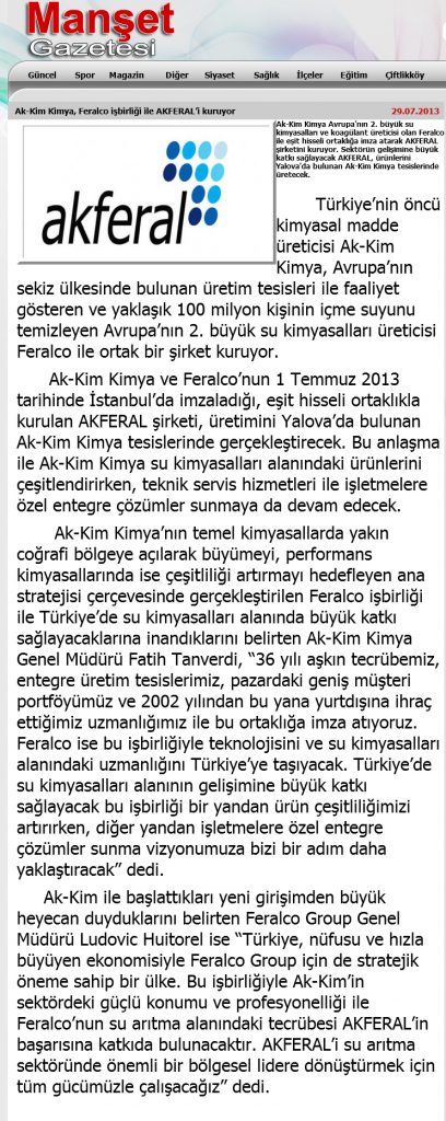 Akkim Kimya, Feralco İşbirliği İle Akferal’i Kuruyor / Yalova Manşet / Temmuz 2013