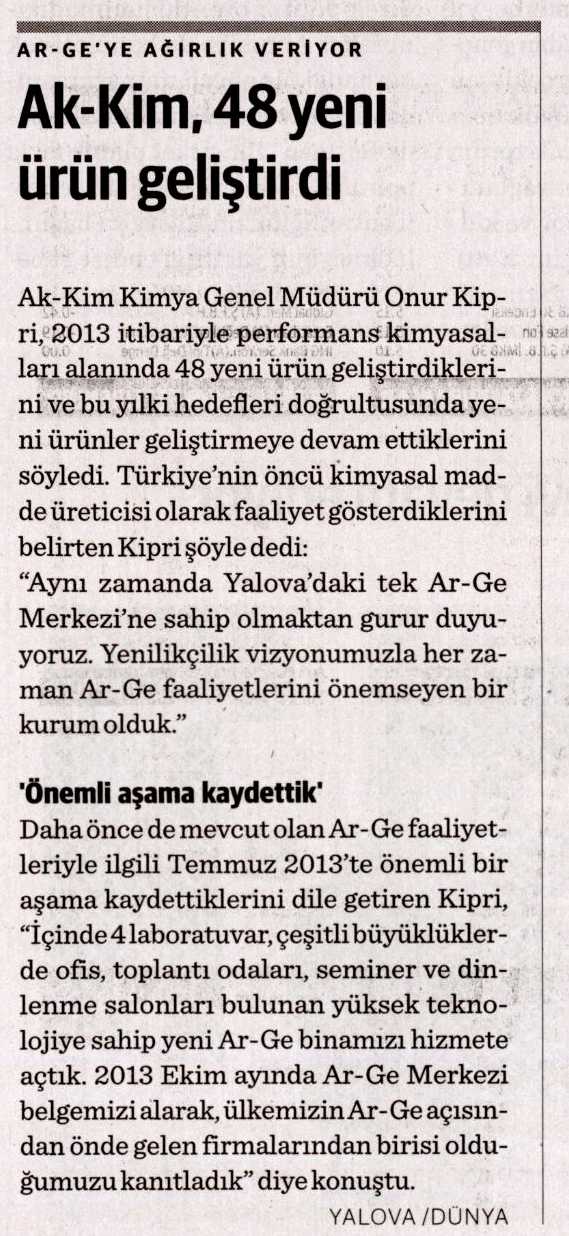 Akkim 48 Yeni Ürün Geliştirdi / Dünya Gazetesi (Yalova) / 31 Mart 2014