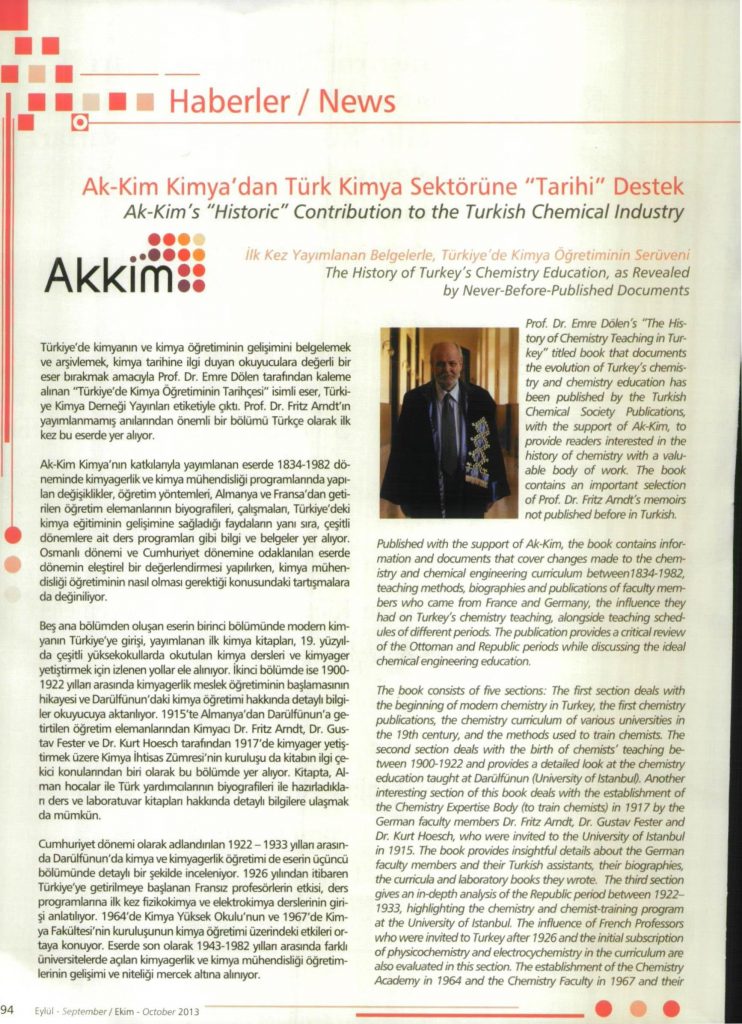 Akkim Kimya’dan Türk Kimya Sektörüne “Tarihi” Destek / TURKCHEM / Eylül-Ekim 2013