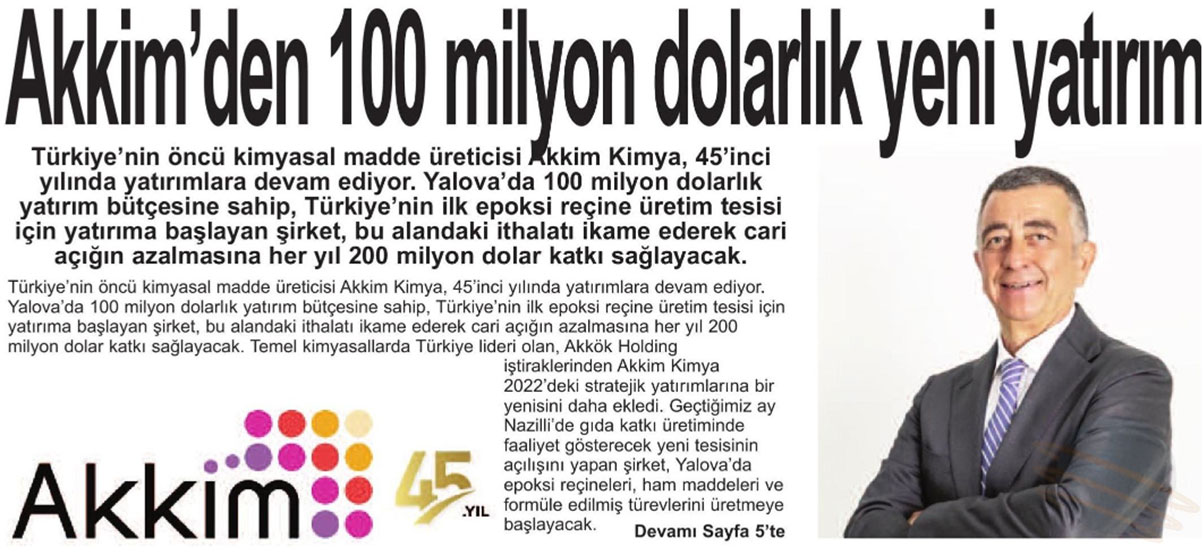 100 MILLION DOLLARS NEW INVESTMENT BY AKKIM / YALOVA / 9 AUGUST 2022