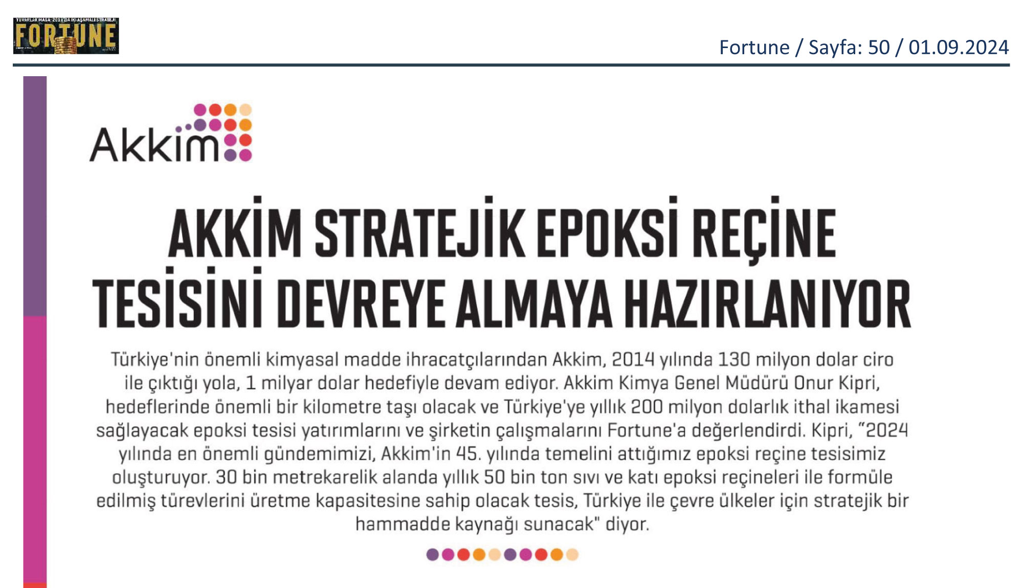 AKKİM STRATEJİK EPOKSİ REÇİNE TESİSİNİ DEVREYE ALMAYA HAZIRLANIYOR / FORTUNE – EYLÜL 2024